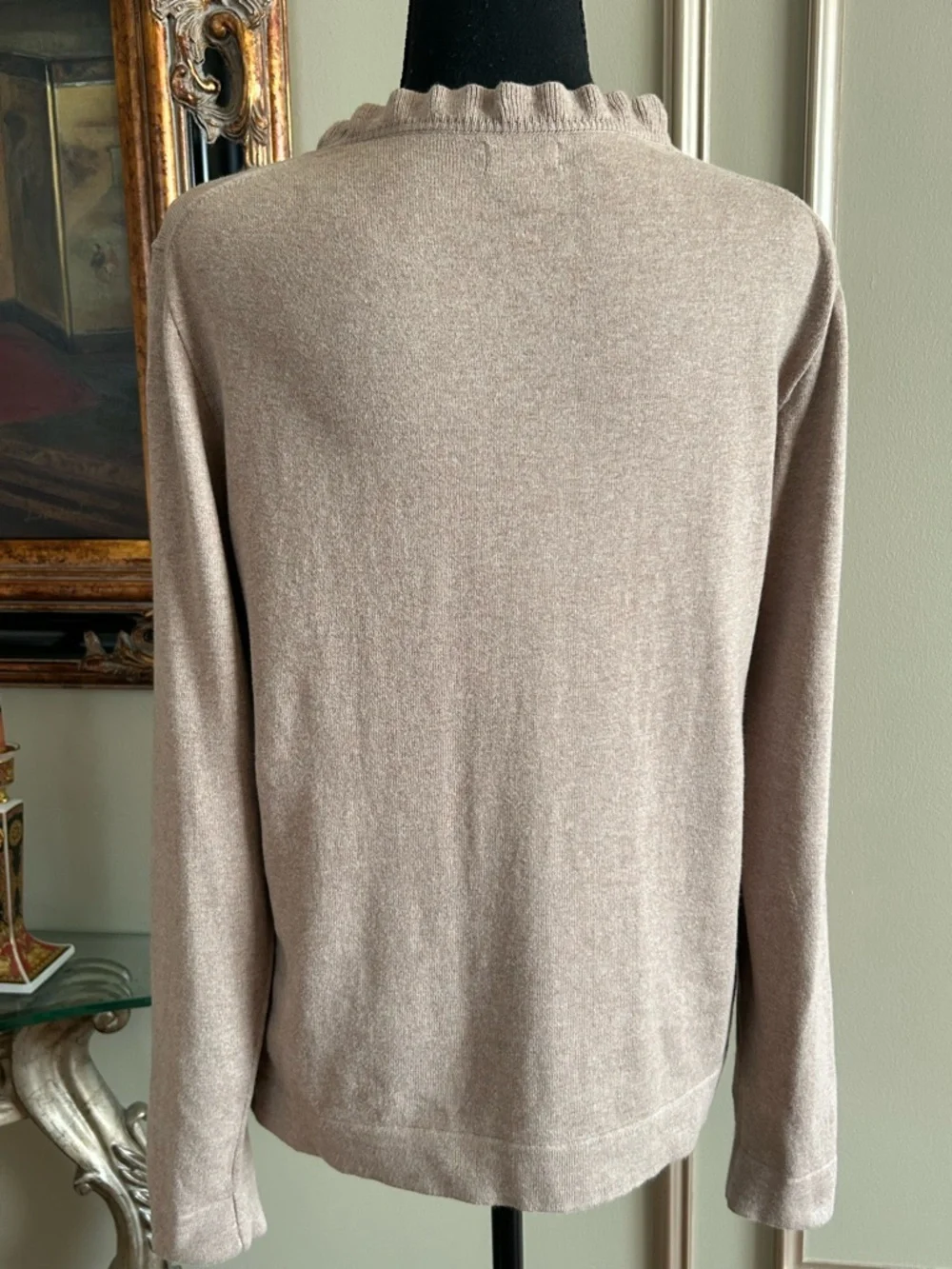 J. Crew Beige Ruffle Neck Sweater Lightweight Knit Pullover Casual Chic Size M